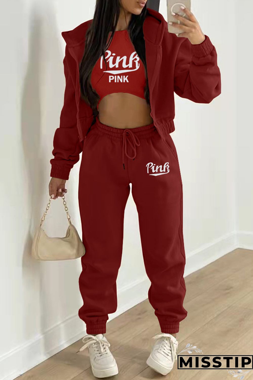 Burgundy Fashion Casual Letter Print Cardigan Vests Pants Hooded Collar Long Sleeve Three-piece Set