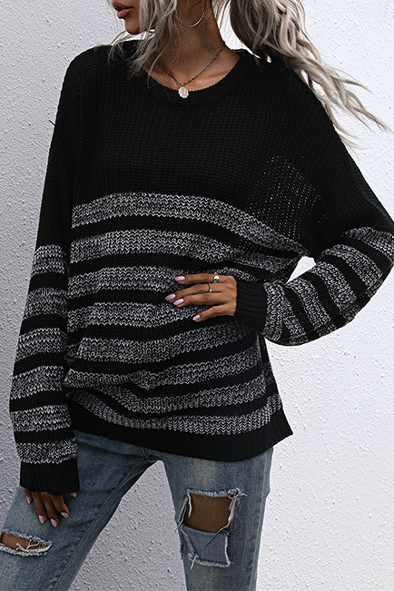Round Neck Striped Splicing Print Sweater