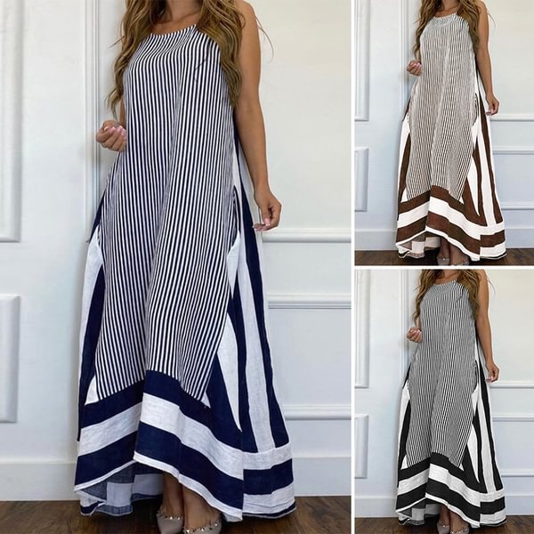 Womens Loose Long Maxi Dress Striped Sleeveless Slim Fit Sundress Plus Size - BlackFridayBuys