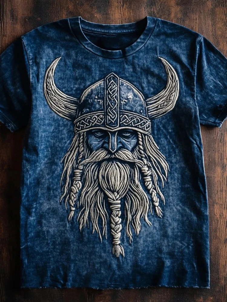 Men's Viking Embroidered Vintage Washed T Shirt