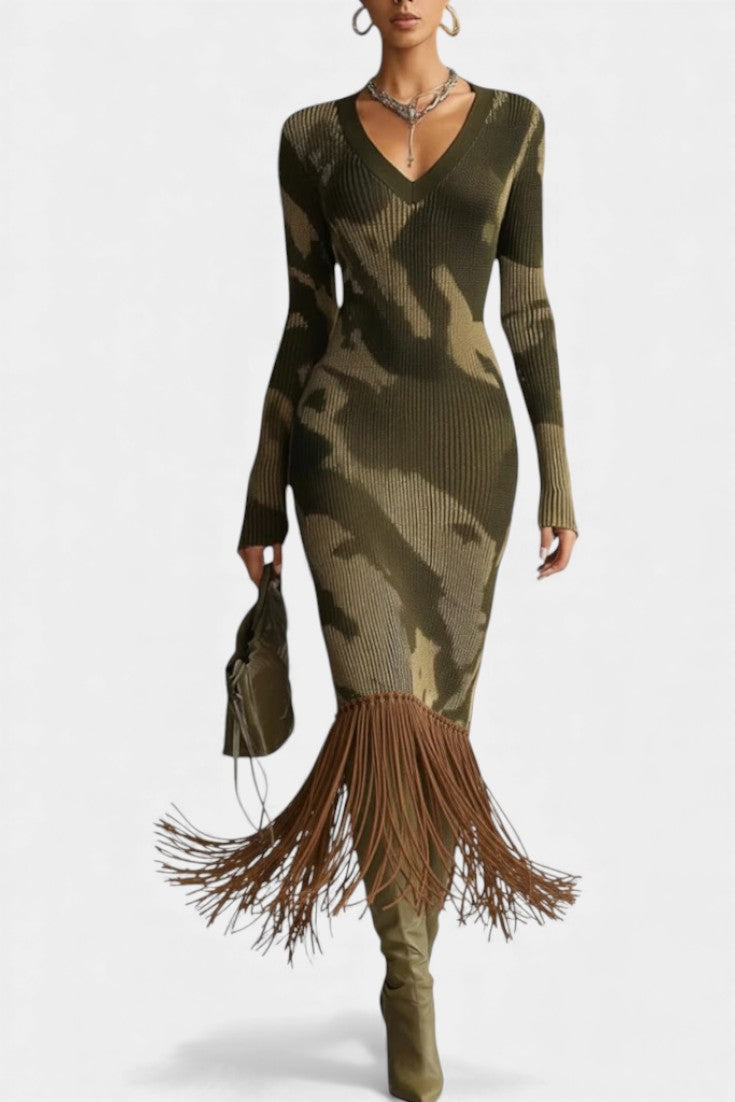 Camo Ribbed Midi Dress with Fringe Detail