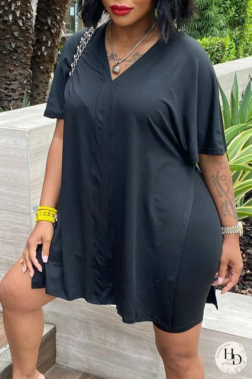 Black Casual Solid Split Joint V Neck Short Sleeve Two Pieces