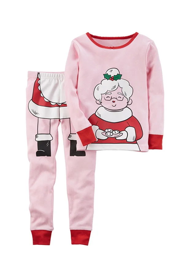 Cute Long Sleeve Santa Claus Print Kids Girls Christmas Pajama Pink-elleschic