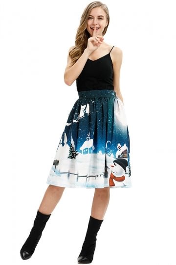 High Waisted Cute Snowman Print Midi Christmas Pleated Skirt Blue-elleschic