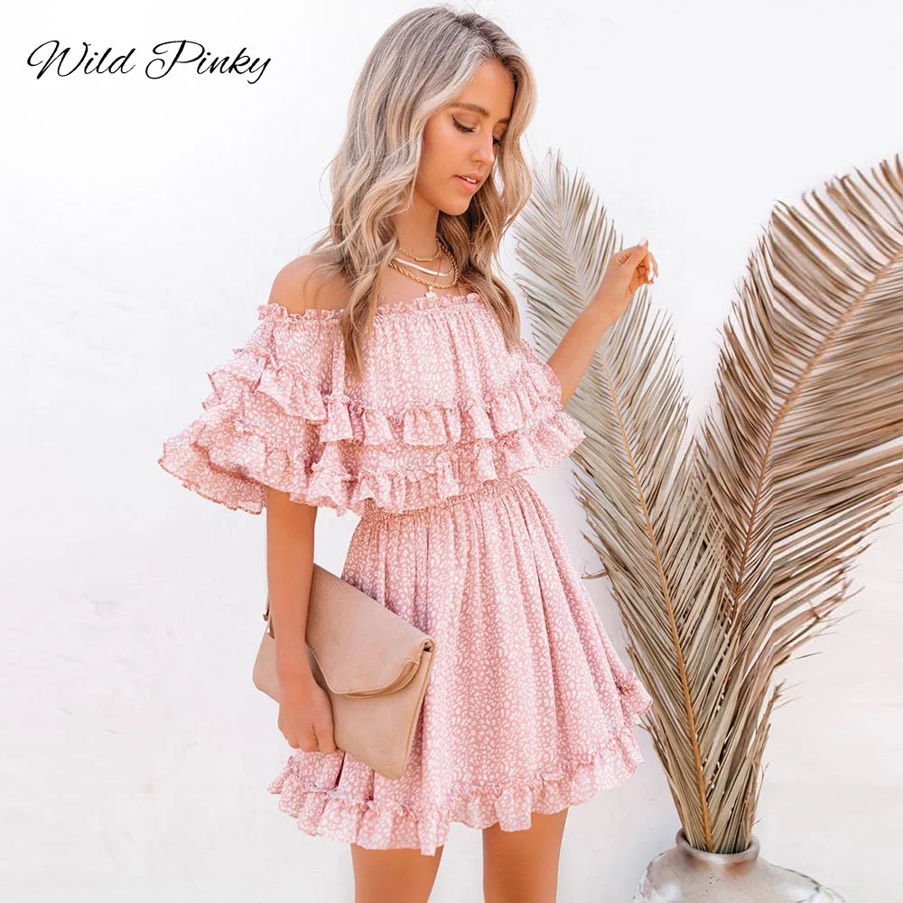 WildPinky Floral Print Party Dress Summer Women Sexy Off Shoulder Mini Beach Sundress Casual Ruffles Streetwear Dress Vestidos