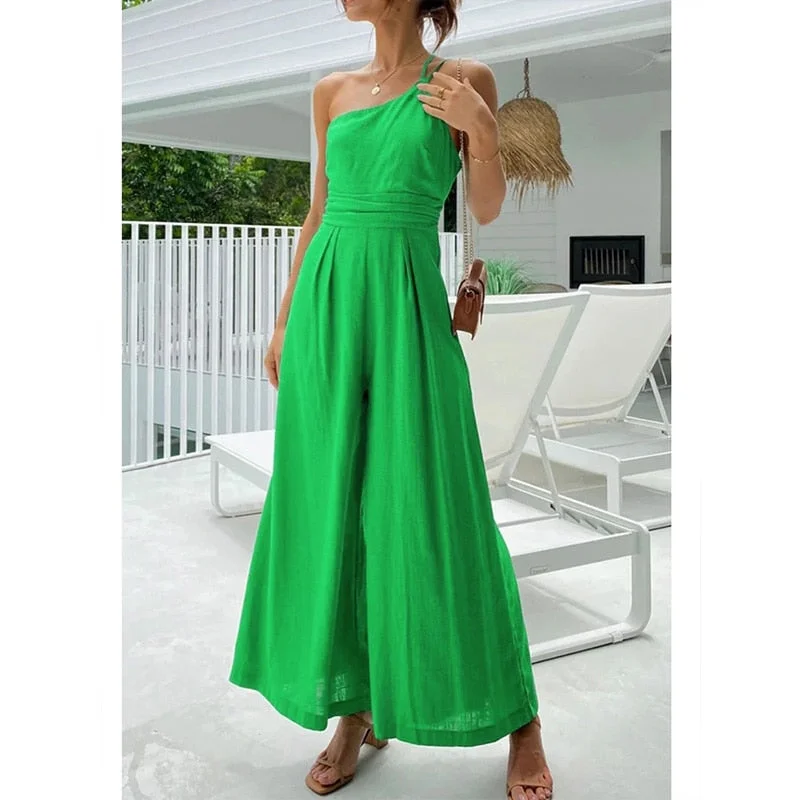 Uforever21 Waist Folds Backless Double Strap Casual Wide Leg Jumpsuit Long Pants Green 2023 New Female Loose  Jumpsuit