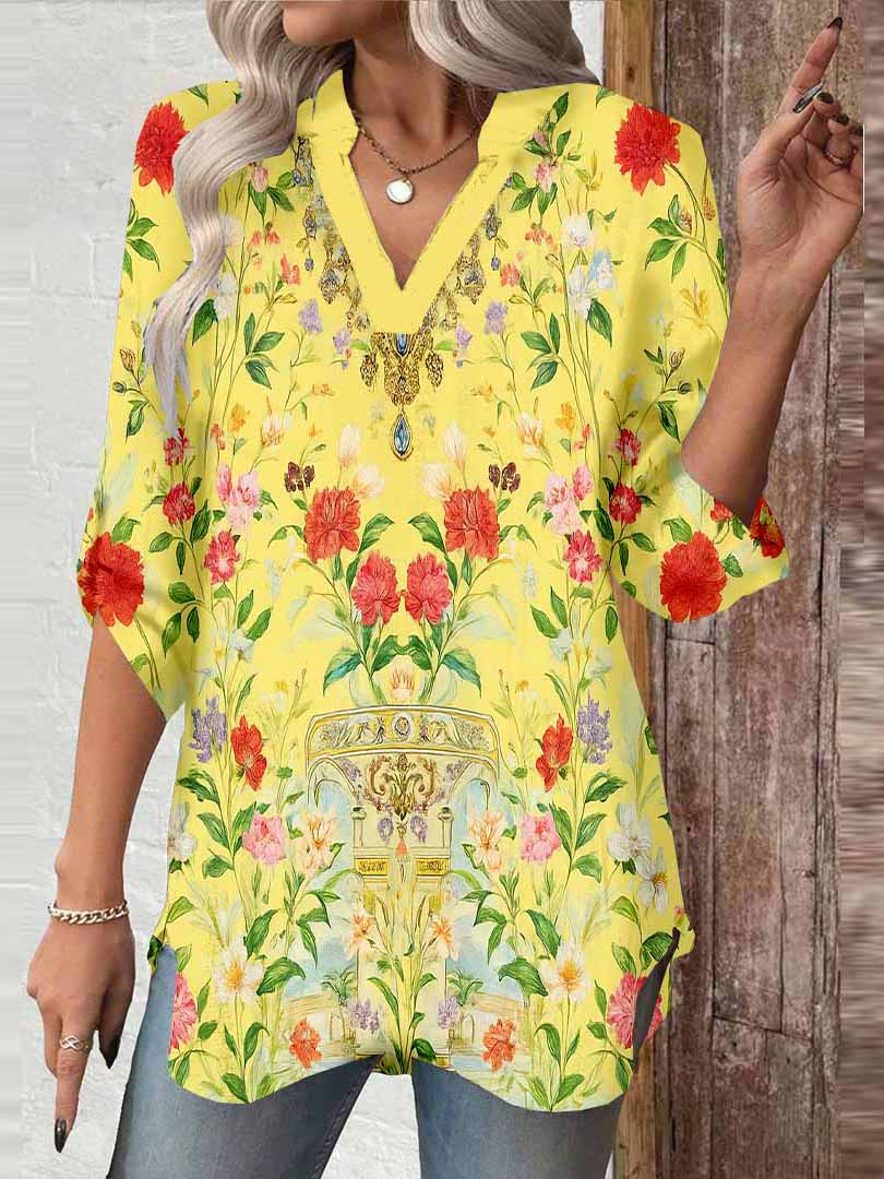 Women Floral, Yellow, Red DZGA0167 3/4 Sleeve V-neck Printed Graphic Button Tops