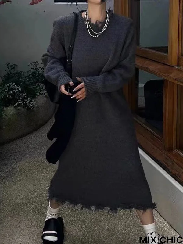 High Waisted Long Sleeves Fringed Solid Color Round-Neck Midi Dresses Sweater Dresses