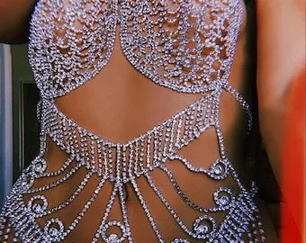 pornhint Pornhint Sexy diamond lingerie Body Suit Jewelry Crystal Rhinestone Body Suit Bikini Bra  for Women Bling Panty Jewelry, Cubic Zirconia