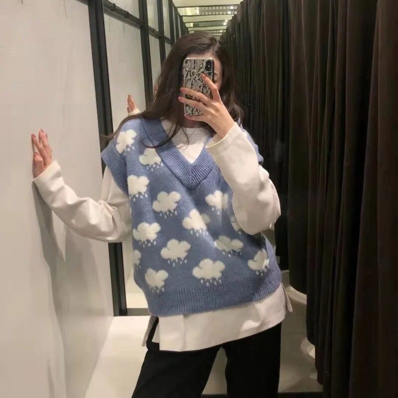Sleeveless Cloud Print V-neck Sweaters Loose Knit Vest Top Winter Clothes Women Autumn Knitted Pullover Sweater Vest Women 15990