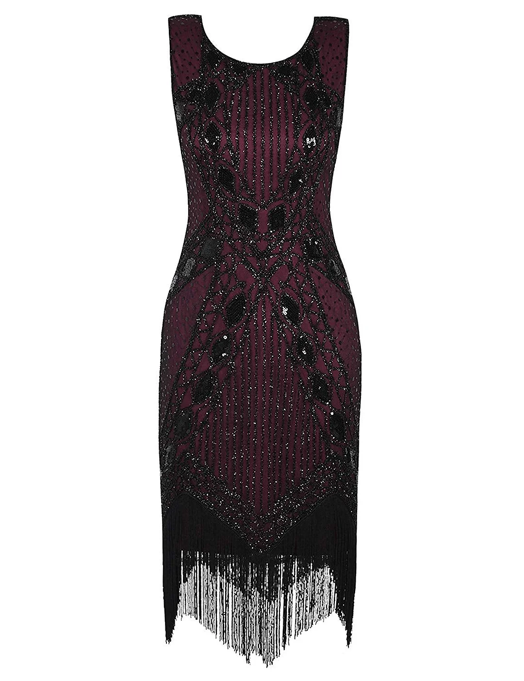 Women's 1920s Gatsby Dress Art Deco Sequin Fringed Flapper Dress (L / US 12 - 14 Burgundy)