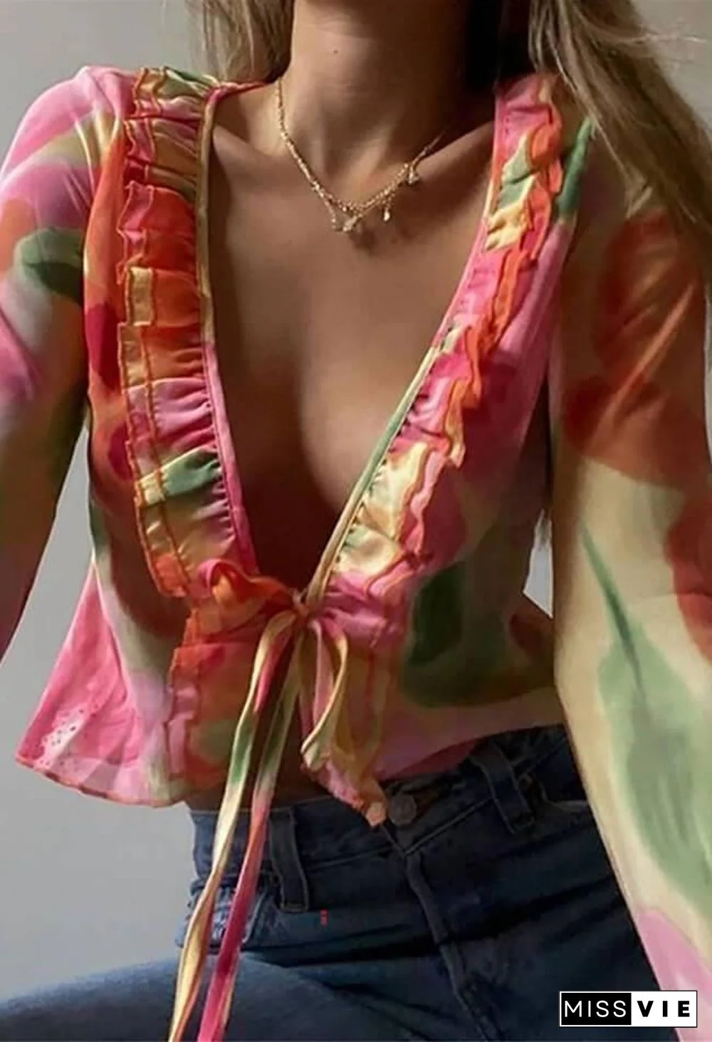 Plunge V Neck Chiffon Blouse