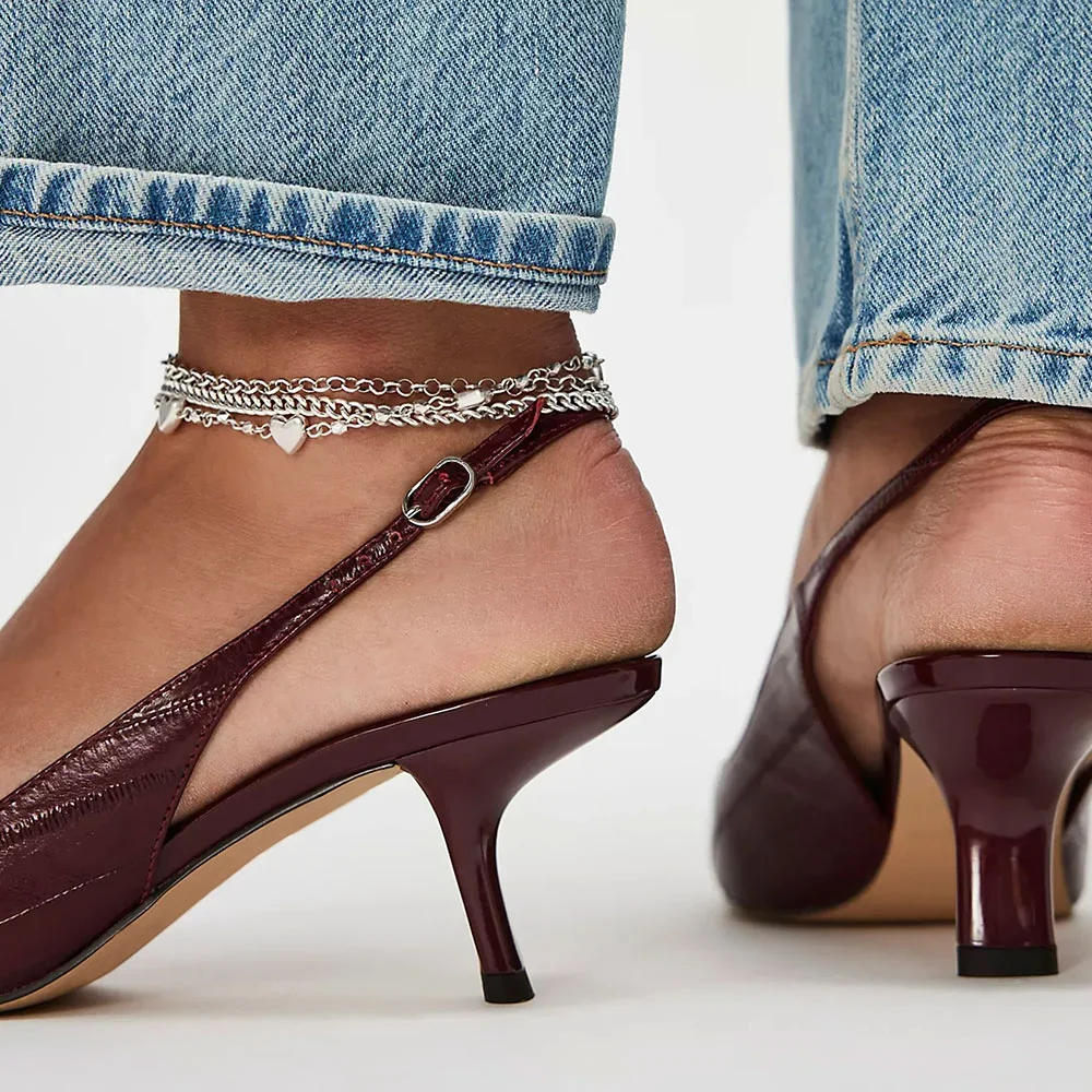 Maroon Faux Leatehr Pointed Toe Buckle Pumps Heels with Slingback