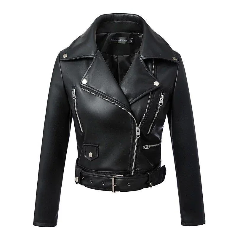FTLZZ New Autumn Winter Fashion Women Black Faux Leather Jackets Zipper Basic Coat Turn-down Collar Biker Jacket With Blet