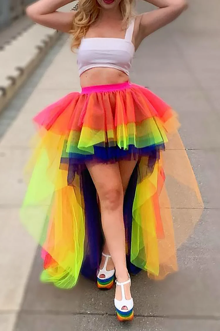 Ciciful Rainbow Mesh See Through Irregular Hem Tutu Skirt