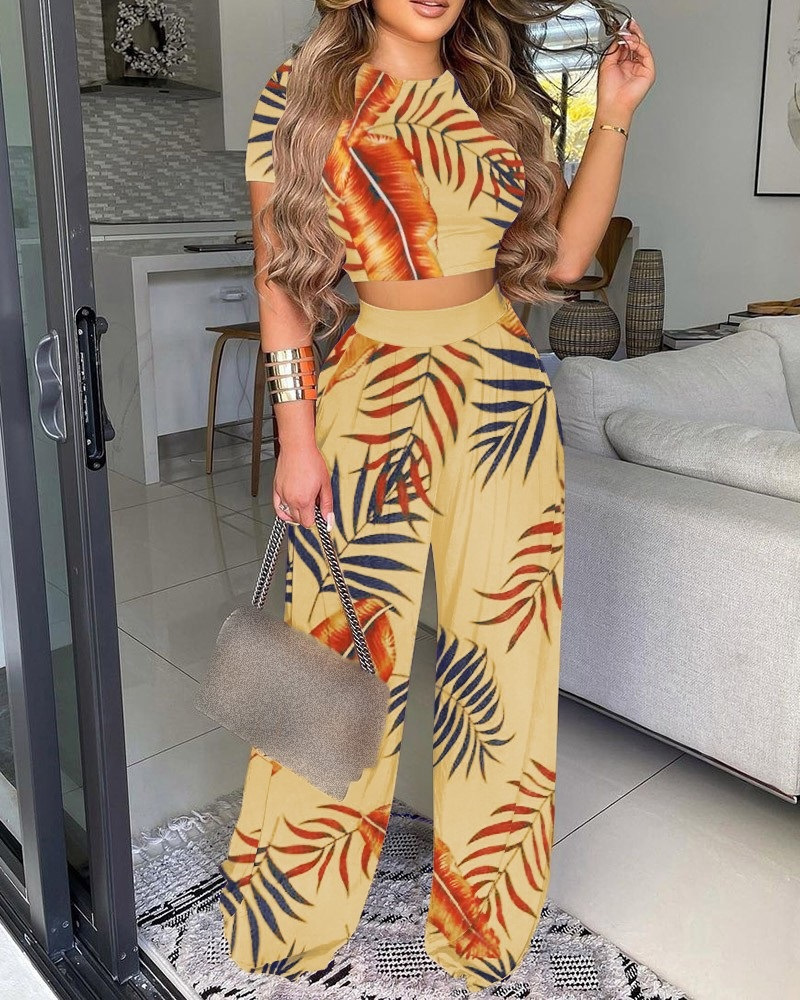Wheelorx Elegant Women's Two Piece Sets Summer Solid O-neck Short Sleeve Slim Crop Short Top & Print High Waist Wide Leg Pants Outfits