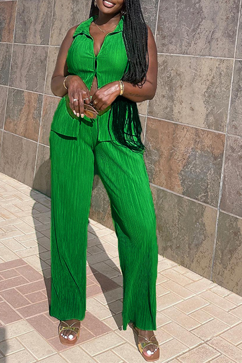 Green Fashion Solid Patchwork Turndown Collar Sleeveless Two Pieces | EGEMISS
