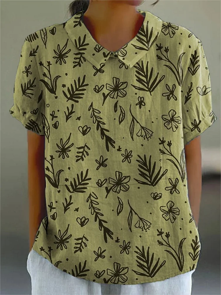Women's Vintage Floral Art Print Casual Cotton And Linen Shirt
