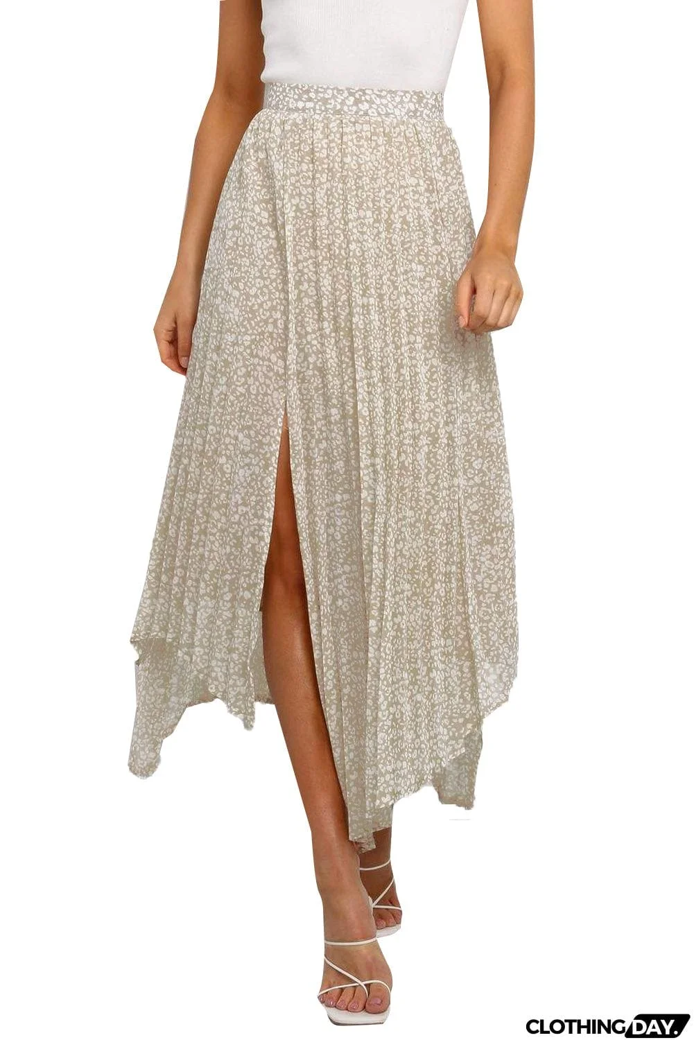 Fashion Print Side Slit Pleated Maxi Skirt