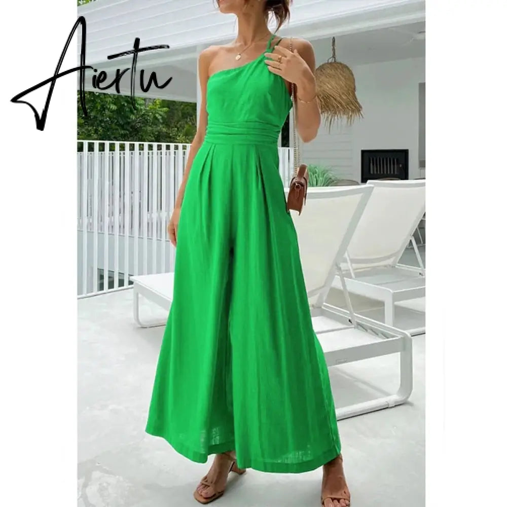 Waist Folds Backless Double Strap Casual Wide Leg Jumpsuit Long Pants Green 2023 New Female Loose  Jumpsuit Aiertu