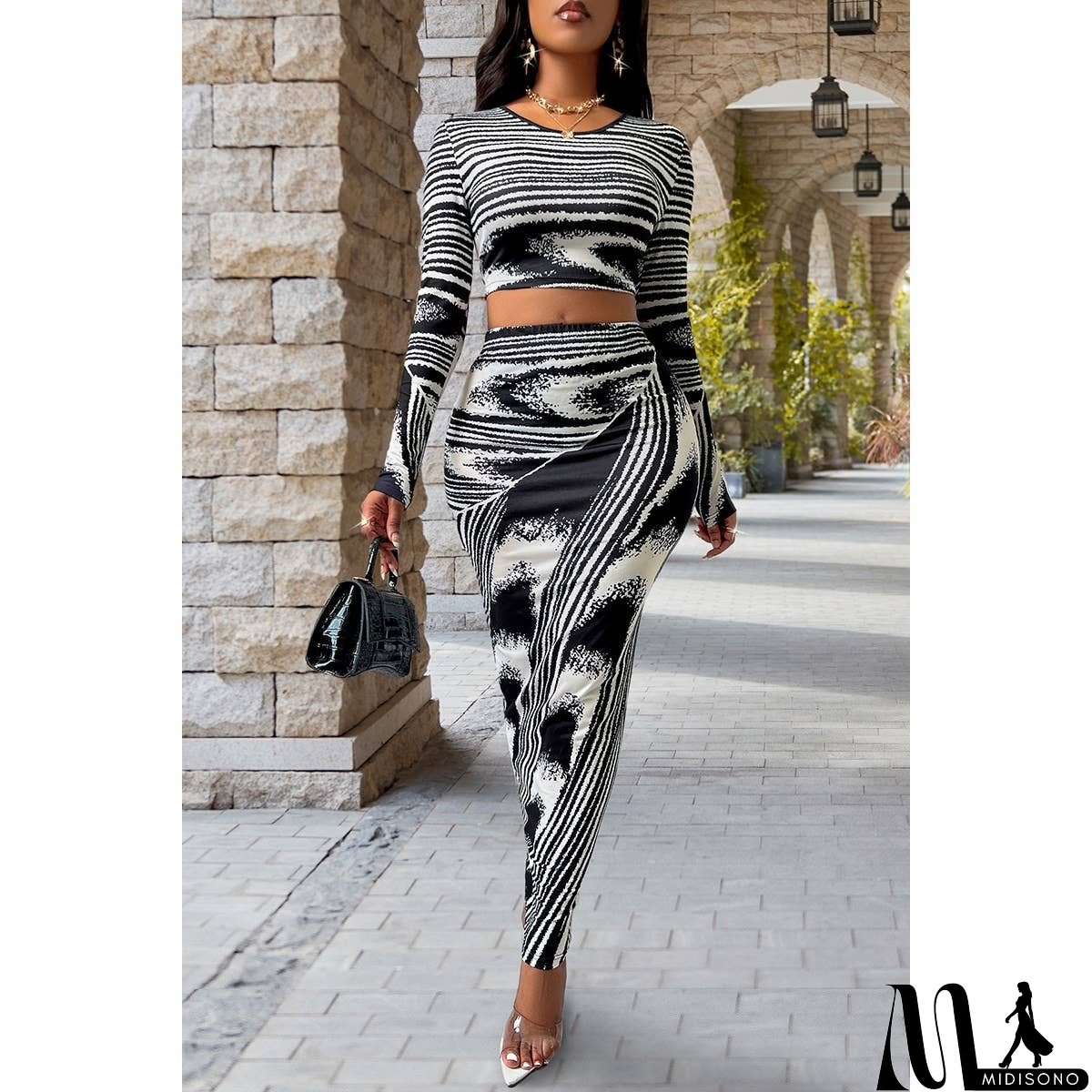 MidiSono - Allover Print Two Pieces High Waist Wrap Sets
