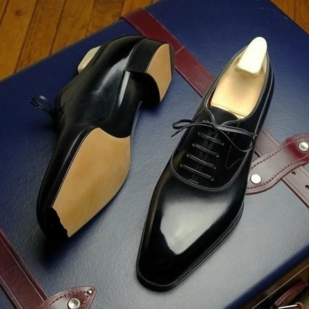 High quality black handmade genuine leather office men's lace-up shoes