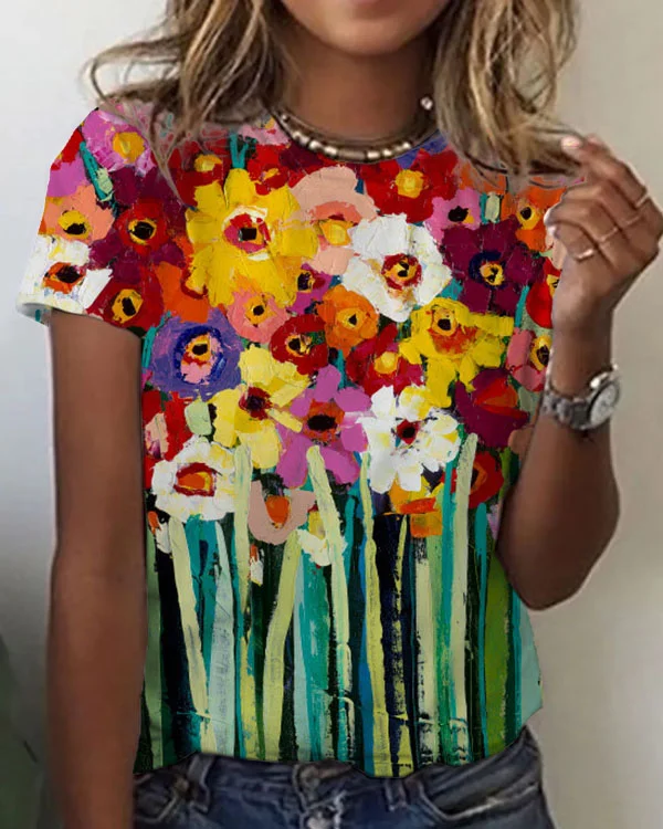Women's Floral Abstract Pattern Crew Neck T-shirt