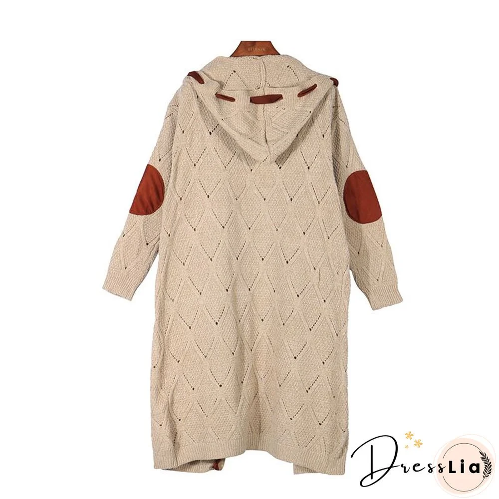 Elegant Hollow Out Braided Long Cardigan Sweater Coat With Hood