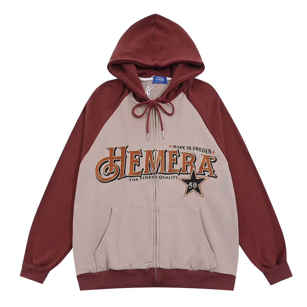 American Retro Color Contrast Stitching Embroidered Letters Hooded Cardigan Sweater、、URBENIE