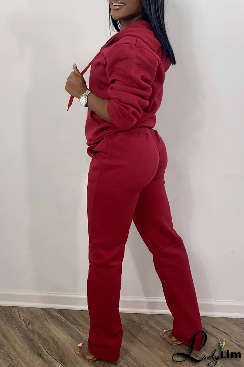 Red Fashion Casual Solid Basic Hooded Collar Long Sleeve Two Pieces