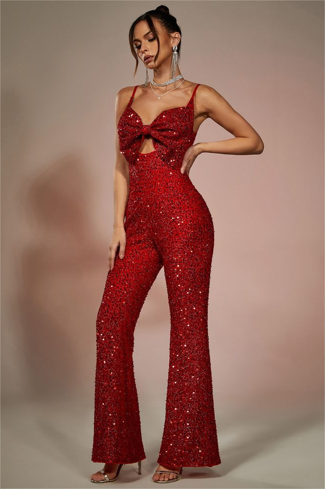 Lvs&Broner Stunning Red Spaghetti Strap Sleeveless Waist Slimming Wid-Leg Beaded Long Jumpsuit with Bowknot
