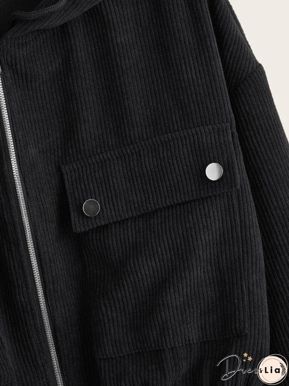 Flap Pocket Front Zip Up Cord Jacket