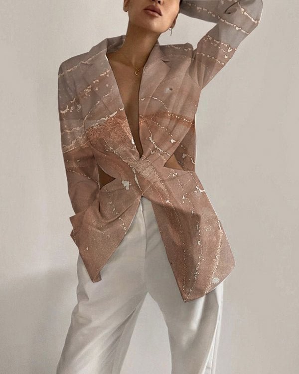 Temperament Fashion Sexy Long Sleeve Lapel Hollow Casual Marble Outerwear