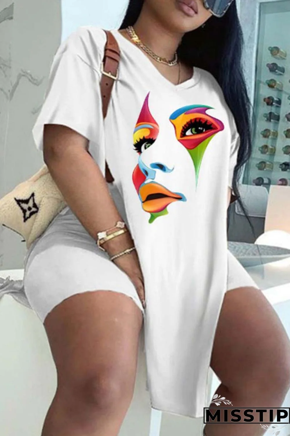 Black White Casual Print Patchwork V Neck Plus Size Two Pieces