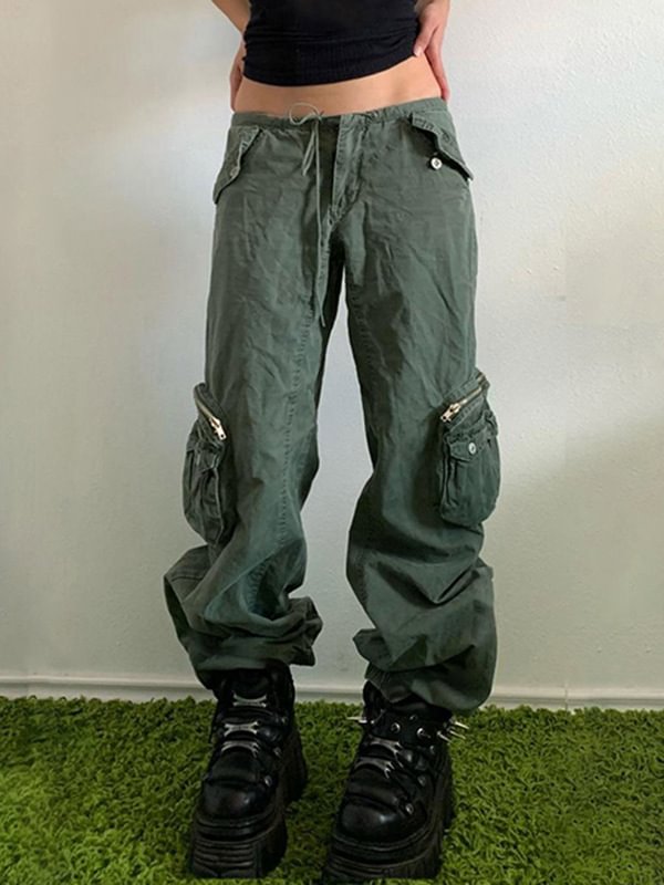 Hip-pop Statement Pockets Solid Color Straight Industrial Pants