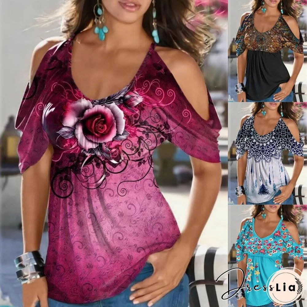 NEW Summer Women Fashion sexy Rose Printed T Shirt V Neck Slim Tunic Top Lady Casual Short Sleeves Off Shoulder Tees Graphic Pullover Top