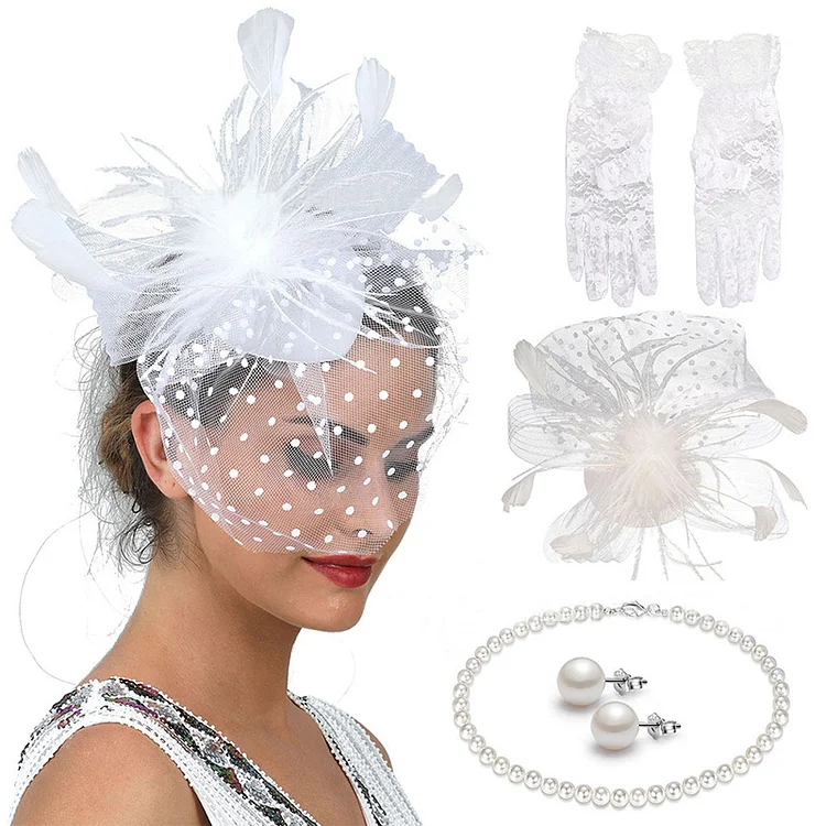 Wedding White Mesh Feather Headwear Gloves Pearl Necklace Earrings Four Piece Set  Flycurvy [product_label]