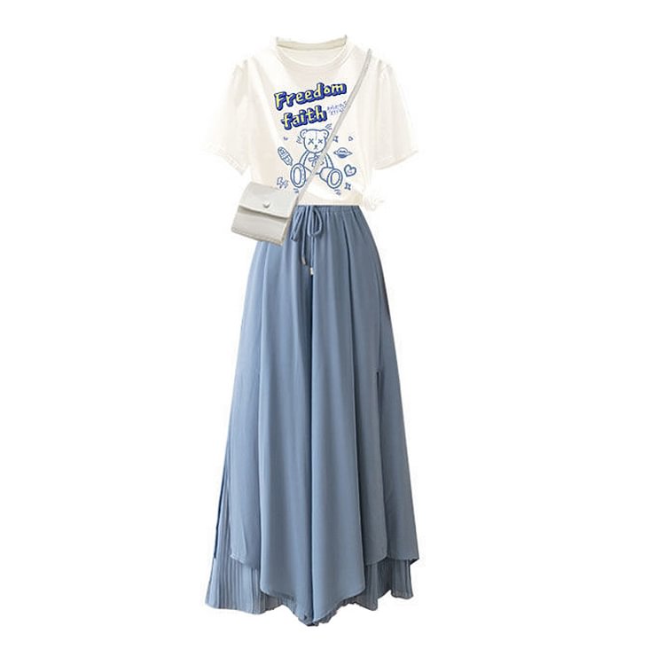 Cartoon Bear Letter Print T-Shirt Pantskirt Two Pieces - Modakawa Modakawa
