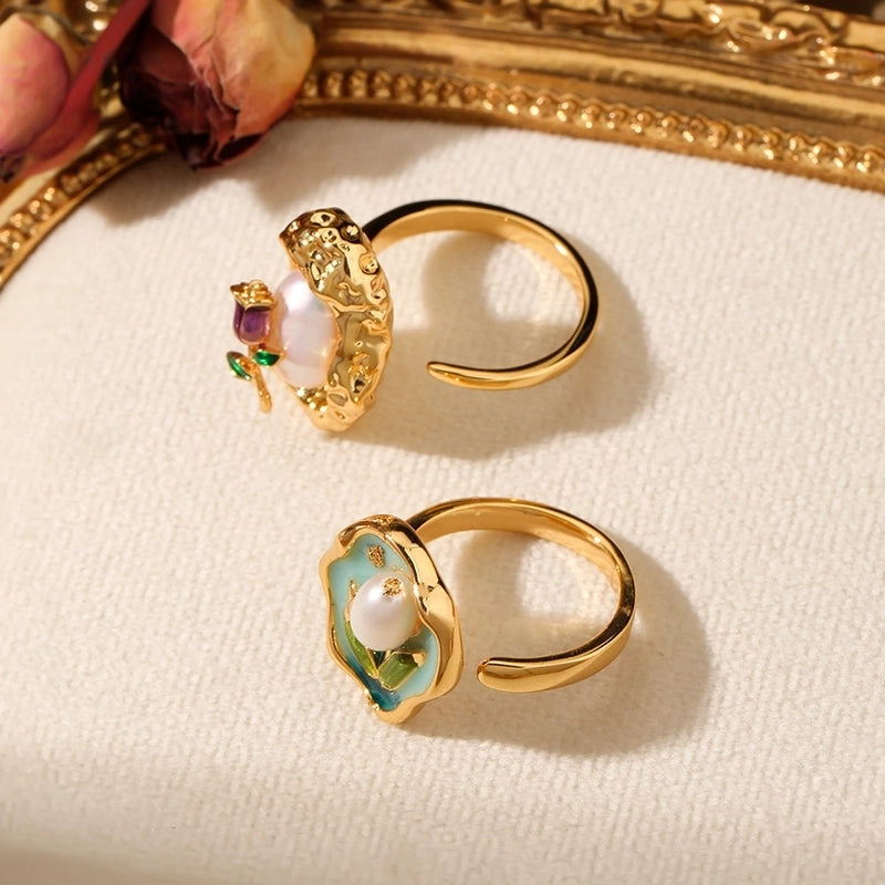 Copper Inlay Rose Pearl Open Rings