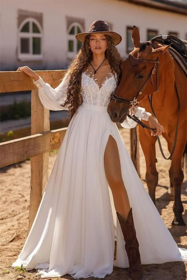 Daisda White Long Sleeves A line Prom Dress Softy