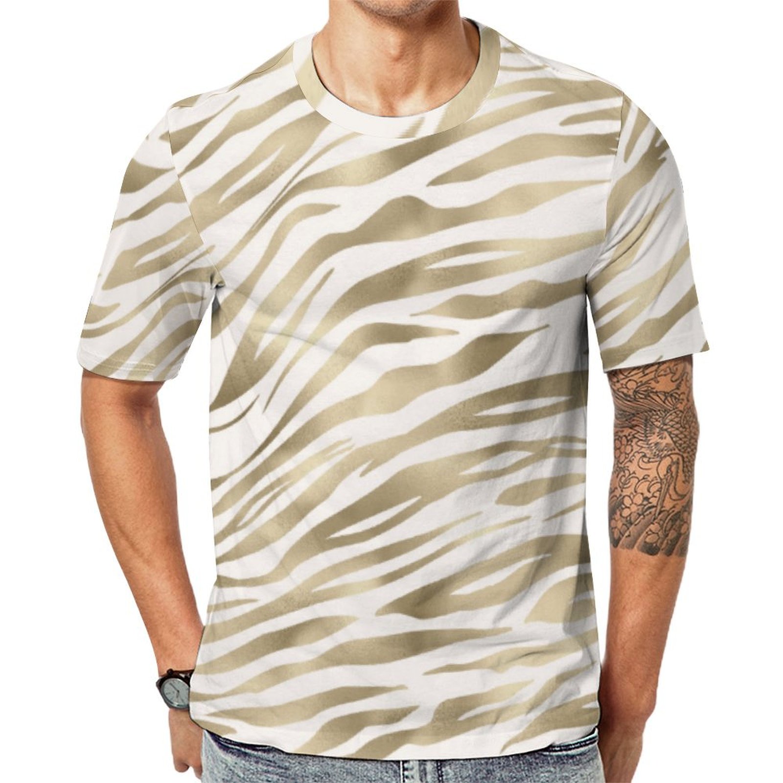 Gold Cream Zebra Print Short Sleeve Print Unisex Tshirt Summer Casual Tees for Men and Women Coolcoshirts