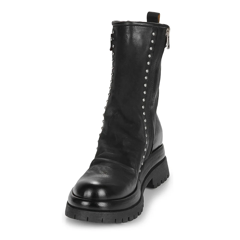 Black Round Toe Studded Zipper Heeled Ankle Boots with Buckle Strap