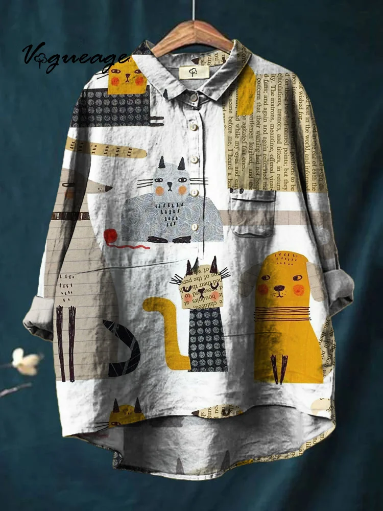 Cute Cartoon Kitten And Puppy Printed Cotton And Linen Shirt
