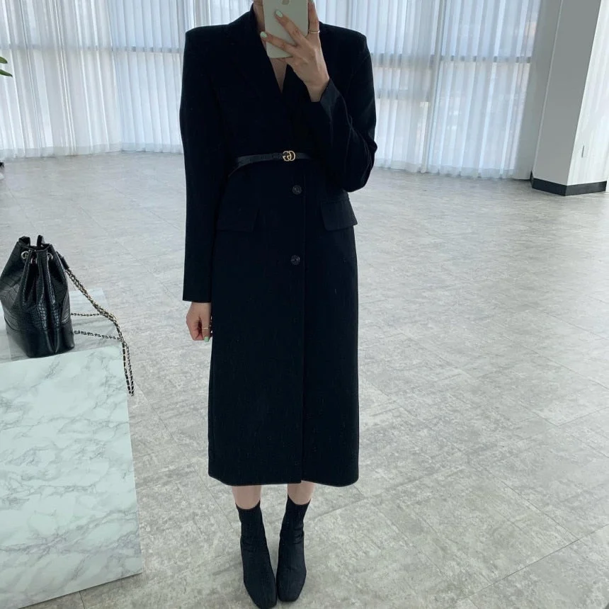 Fashion Autumn Winter Notched Double Breasted Jacket Slim Black Women Long Blazers Office Lady Coat