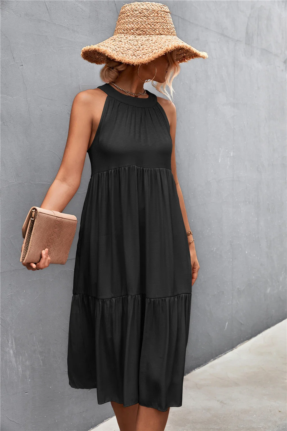 Uveng Loose Splicing Casual Halter Stitching Dress