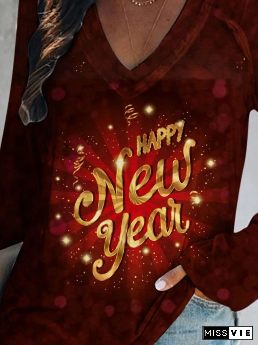 Happy New Year Printed V Neck Long Sleeve T-shirts