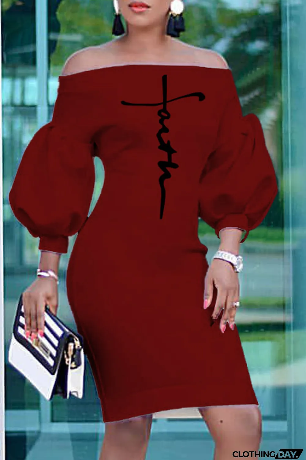 Red Fashion Casual Print Backless Off the Shoulder Dresses