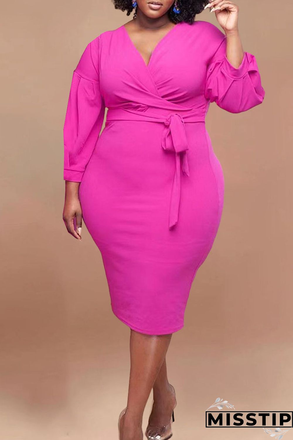 Green Casual Solid Bandage Patchwork V Neck Straight Plus Size Dresses