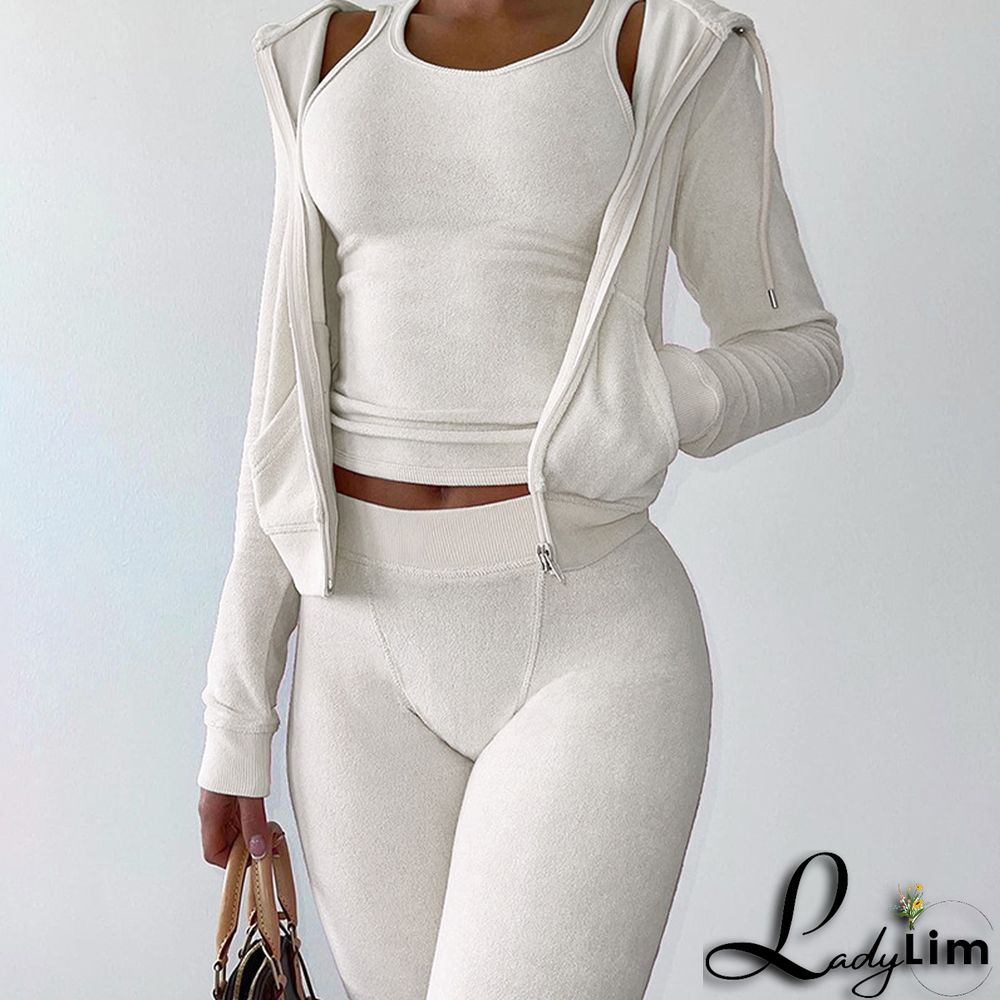 Fall Women's Fashion Hooded Zip Slim Fit Casual Sports Cardigan 2PC Set