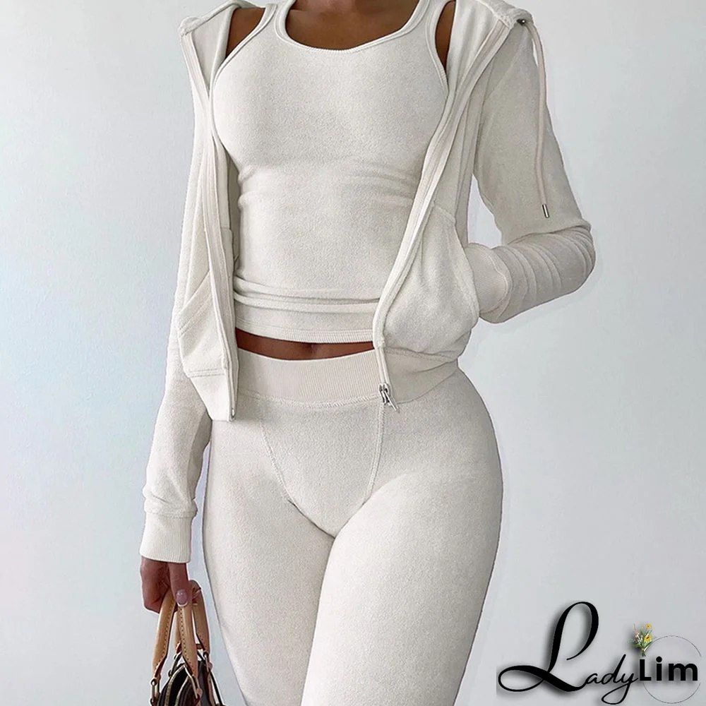 Fall Women's Fashion Hooded Zip Slim Fit Casual Sports Cardigan 2PC Set